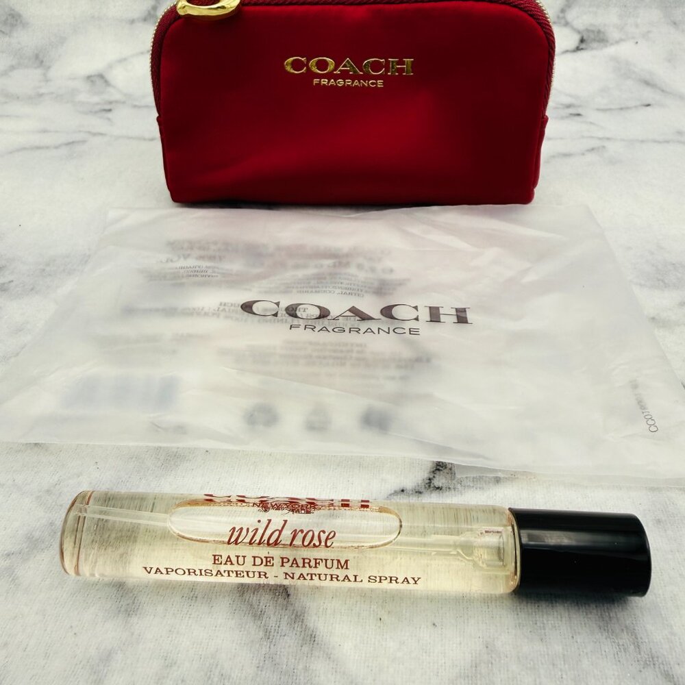 Coach Wild Rose Gift Set-EDP Rose Sweet-Maroon Pouch&Travel 7.5ml,0.25oz-2pc-NEW - Picture 2 of 16